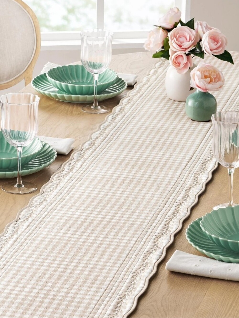 ❤️ New The Pioneer Woman Mini Gingham Beige Quilted Table Runner